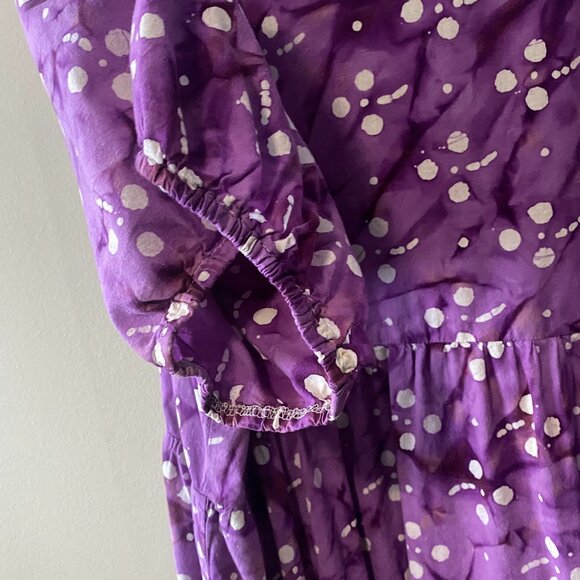 Handmade Plus Size Cotton Batik Purple White Print V-Neck Dress - Picture 9 of 9